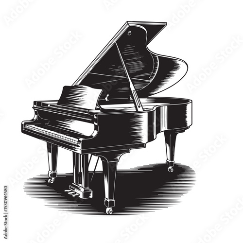 Grand piano engraving black and white outline. Scratch board imitation. illustrated in vintage line art style vactor