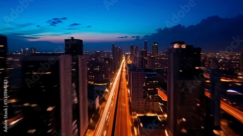 Stunning Aerial View of City Skyline at Sunset Urban Landscape with Skyscrapers and Traffic Lights