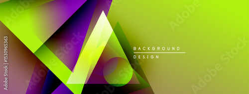 Abstract geometric shapes overlap, creating vibrant color gradients. Yellow dominates, purple accents present. Modern design element.