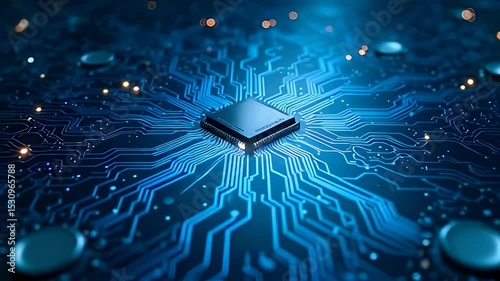 High-tech Microchip Close Up showcasing intricate circuitry and advanced technology for computing power and digital innovation