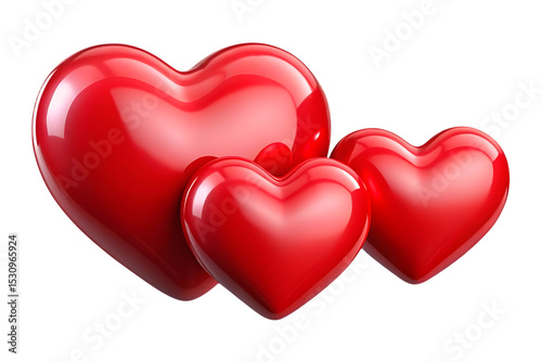 Three glossy red hearts on black background