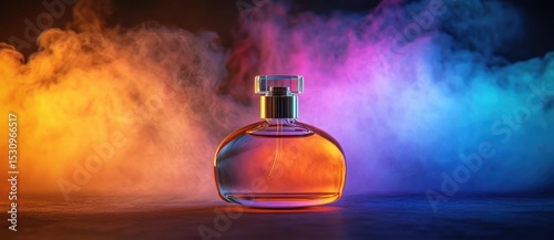 Colorful smoke around a perfume bottle