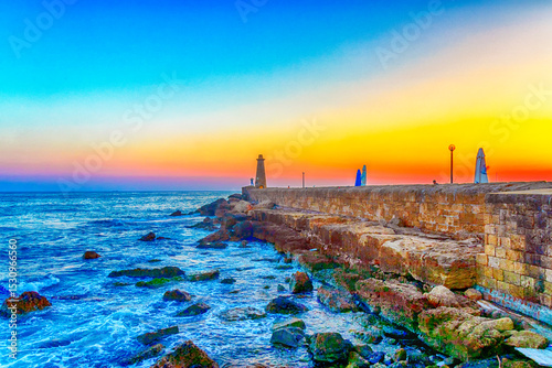 Colorful sunset at Kyrenia Lighthouse, with vibrant skies and crashing waves over rocky shore, highlighting the beauty and charm of this iconic coastal landmark in Northern Cyprus.