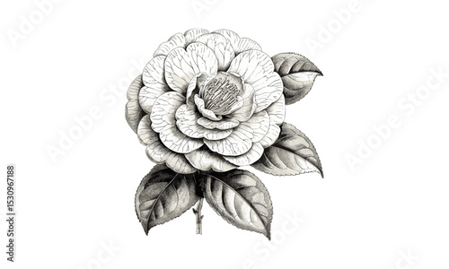 Camellia Japonica Floral Engraving, vector illustration, vintage botanical art, antique flower design, floral engraving, flower sketch, nature illustration, retro floral art.