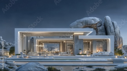 A desert villa nestled in seclusion boasts earthy tones, floor-to-ceiling windows, and a rooftop observation deck
