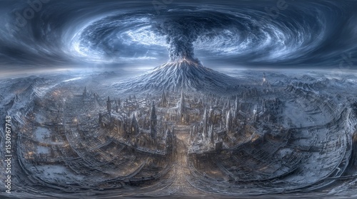 The image of a volcanic eruption with a massive ash cloud towering above snowy mountains is well-suited for demonstrating the severity of natural disasters, the impact on the environment, or the