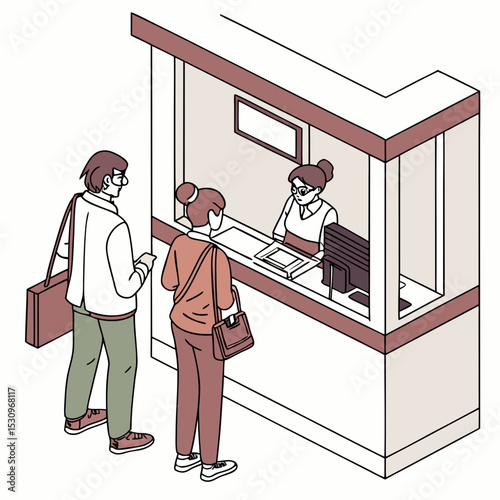 Bank teller concept. Man and woman near plastic partition in bank building. Banking and financial occupation, accountant. Cashier at window counter. Cartoon flat vector .