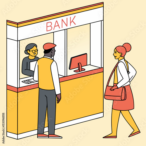 Bank teller concept. Man and woman near plastic partition in bank building. Banking and financial occupation, accountant. Cashier at window counter. Cartoon flat vector .