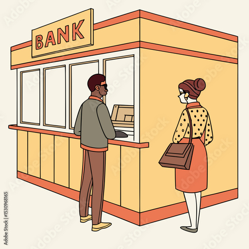 Bank teller concept. Man and woman near plastic partition in bank building. Banking and financial occupation, accountant. Cashier at window counter. Cartoon flat vector .