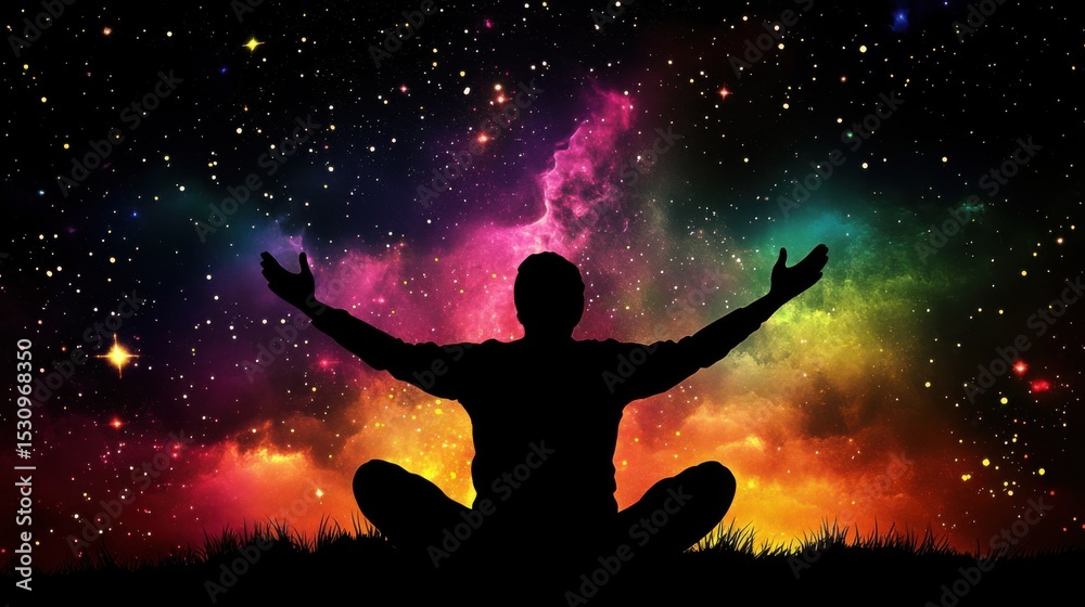 Naklejka premium A stunning silhouette of a person with arms raised amid vibrant cosmic colors, symbolizing freedom, exploration, and the vastness of the universe that inspires wonder.