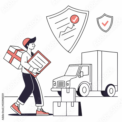 Man with product insurance. Young guy with boxes near truck and financial document. Safety and protection of cargo during transportation. Logistics and shipping. Flat vector .