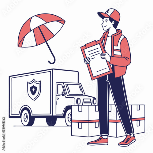 Man with product insurance. Young guy with boxes near truck and financial document. Safety and protection of cargo during transportation. Logistics and shipping. Flat vector .