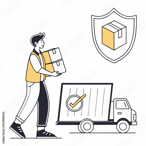Man with product insurance. Young guy with boxes near truck and financial document. Safety and protection of cargo during transportation. Logistics and shipping. Flat vector .
