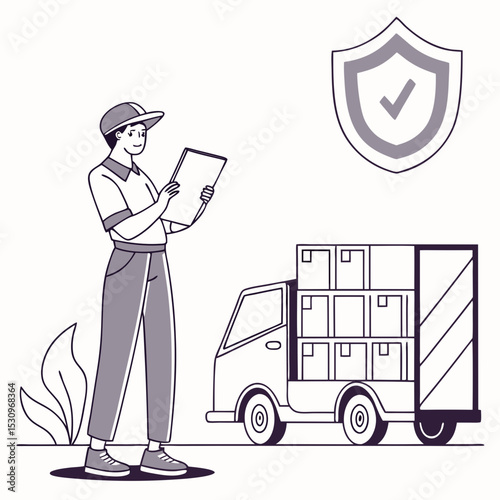 Man with product insurance. Young guy with boxes near truck and financial document. Safety and protection of cargo during transportation. Logistics and shipping. Flat vector .