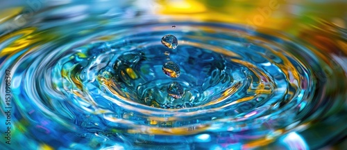 Water droplets ripple colorful surfaces