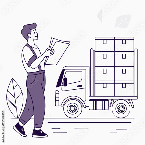 Man with product insurance. Young guy with boxes near truck and financial document. Safety and protection of cargo during transportation. Logistics and shipping. Flat vector .