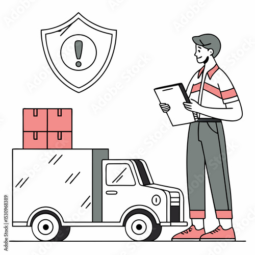 Man with product insurance. Young guy with boxes near truck and financial document. Safety and protection of cargo during transportation. Logistics and shipping. Flat vector .