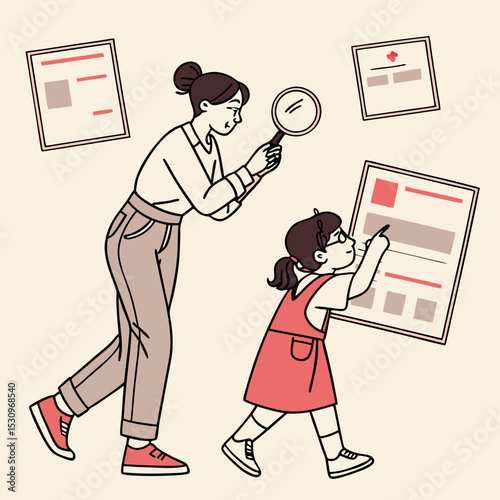 Excess of online information concept. Woman with magnifying glass. Young girl evaluate articles from internet. Webpage templates. Cartoon flat vector illustration isolated on beige .
