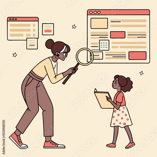 Excess of online information concept. Woman with magnifying glass. Young girl evaluate articles from internet. Webpage templates. Cartoon flat vector illustration isolated on beige .
