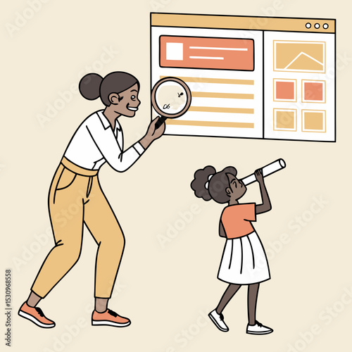 Excess of online information concept. Woman with magnifying glass. Young girl evaluate articles from internet. Webpage templates. Cartoon flat vector illustration isolated on beige .