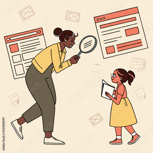 Excess of online information concept. Woman with magnifying glass. Young girl evaluate articles from internet. Webpage templates. Cartoon flat vector illustration isolated on beige .