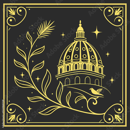 Luxury background design with gold frame and sparkling glitter on a black background with central copy space, colored vector illustration