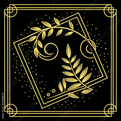Luxury background design with gold frame and sparkling glitter on a black background with central copy space, colored vector illustration