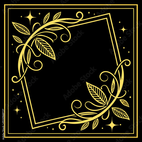 Luxury background design with gold frame and sparkling glitter on a black background with central copy space, colored vector illustration