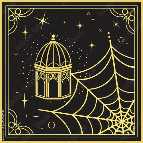 Luxury background design with gold frame and sparkling glitter on a black background with central copy space, colored vector illustration