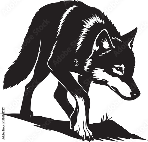 Stalking wolf silhouette black white design, Predatory animal intense pose vector