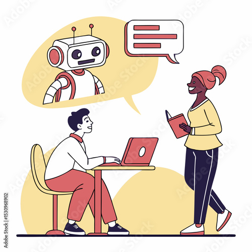 Meeting with robot concept. Artificial intelligence and machine learning. Men and women communicate and chatting with chat bot. Virtual helper and assistant. Cartoon flat vector .