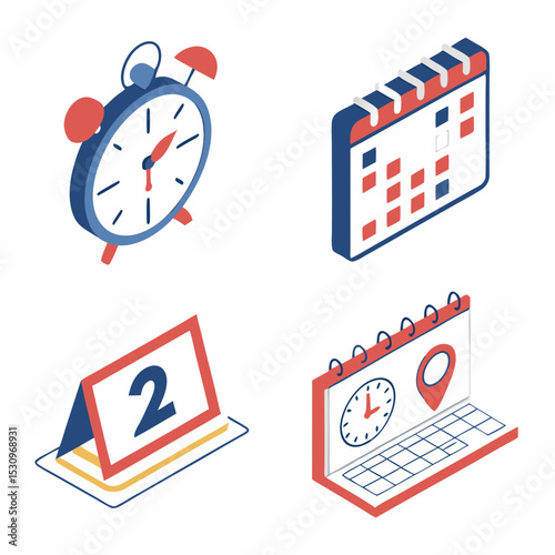 Set of isometric time management colorful icons. Symbols with clock, reminder notification, calendar and address. Planning and scheduling. 3D vector collection isolated on white .