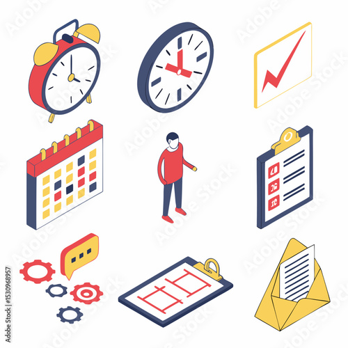Set of isometric time management colorful icons. Symbols with clock, reminder notification, calendar and address. Planning and scheduling. 3D vector collection isolated on white .
