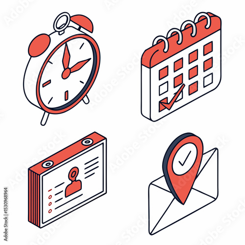 Set of isometric time management colorful icons. Symbols with clock, reminder notification, calendar and address. Planning and scheduling. 3D vector collection isolated on white .