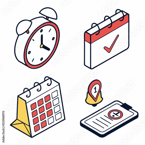 Set of isometric time management colorful icons. Symbols with clock, reminder notification, calendar and address. Planning and scheduling. 3D vector collection isolated on white .
