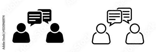 Vector icon set depicting two human figures communicating with speech bubbles, shown in both solid glyph and outline styles, symbolizing dialogue, messaging, and interpersonal interaction