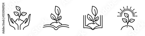 Set of young sprouting plant with three leaves, shown with variations including protective hands, book, soil, and sun rays, ideal for eco, education, and sustainability designs