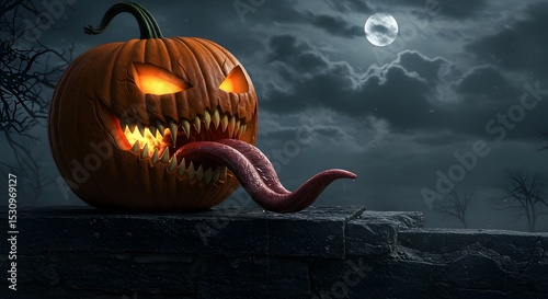 Spooky Halloween Pumpkin Monster with Teeth and Long Tongue - Night Sky