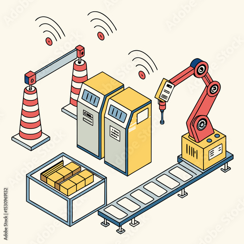 Remotely controlled programmable robotic arms. Automated production or warehouse with modern mechanical devices and conveyors. Innovative technologies. Cartoon contemporary flat vector .