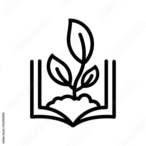 Vector illustration of an open book sprouting a plant with three leaves from soil, symbolizing eco education, sustainability, learning, organic knowledge, and green awareness