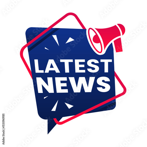 Latest News headline in uppercase white typography on a dark blue speech bubble background, framed by a red outline with a megaphone icon, ideal for alerts or announcements