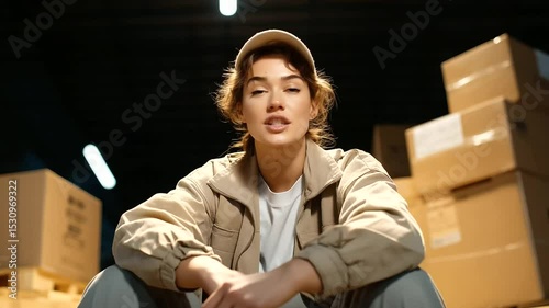 Warehouse worker taking a break in a busy storage area