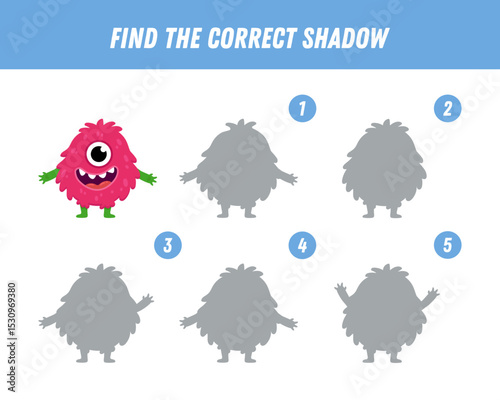 Find correct shadow of cute monster. Educational logical game for kids. Halloween game. Cartoon monster. Vector