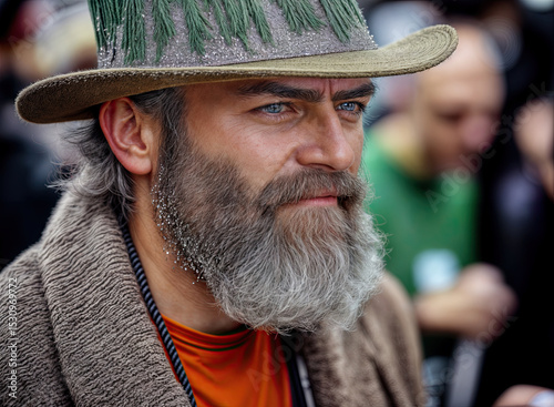 Close-up portrait of a man with piercing blue eyes and a full gray beard.
