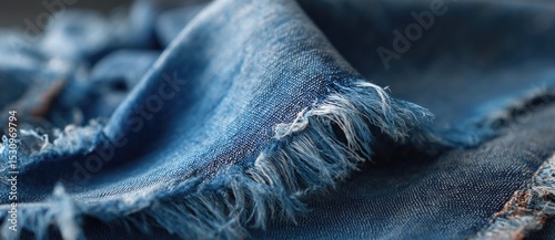 Denim fabric showing frayed edges and textures