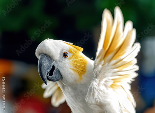 A Sulphur-crested Cockatoo, wings outstretched, in sharp focus against a blurred background.