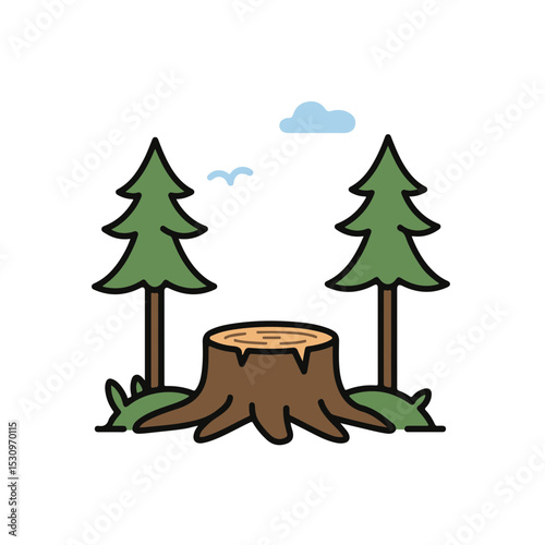 Illustration of a tree stump between two trees under the sky