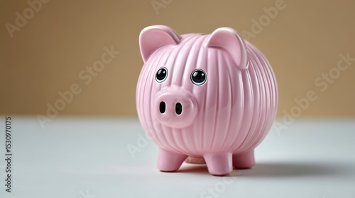 Cute pink piggy bank with cartoonish eyes, placed on a clean white surface, against a soft beige background, symbolizing savings, finance, and childhood memories of saving money