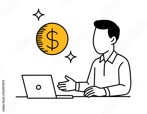 Man working on laptop discussing financial opportunity. Business concept showing revenue growth. Online money making strategy. Digital economy and financial planning.