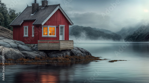 A cozy red cabin nestled on a rocky outcrop, bathed in the warm glow of an interior light.